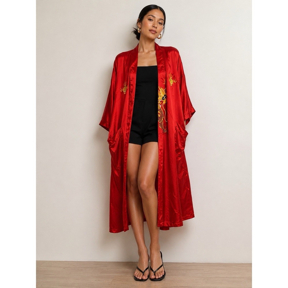 Vintage Golden Dragon Red Pure Silk Kimono Robe Dragon Embroidery Large #23